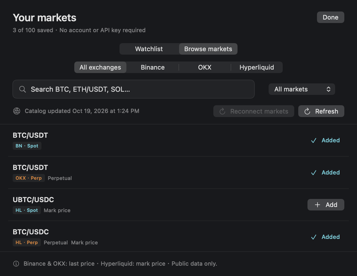 Browse markets in CryptoIsland with exchange filters and Add controls